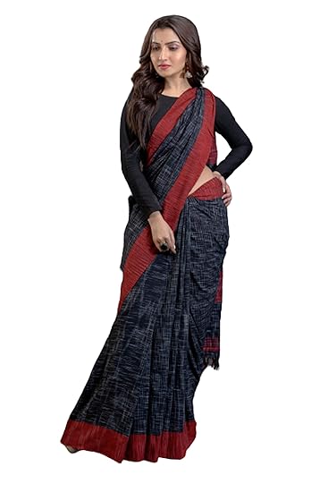 Boutique Dheu Bengal Khadi Handloom Women's Pure Khadi Cotton Saree (Black)