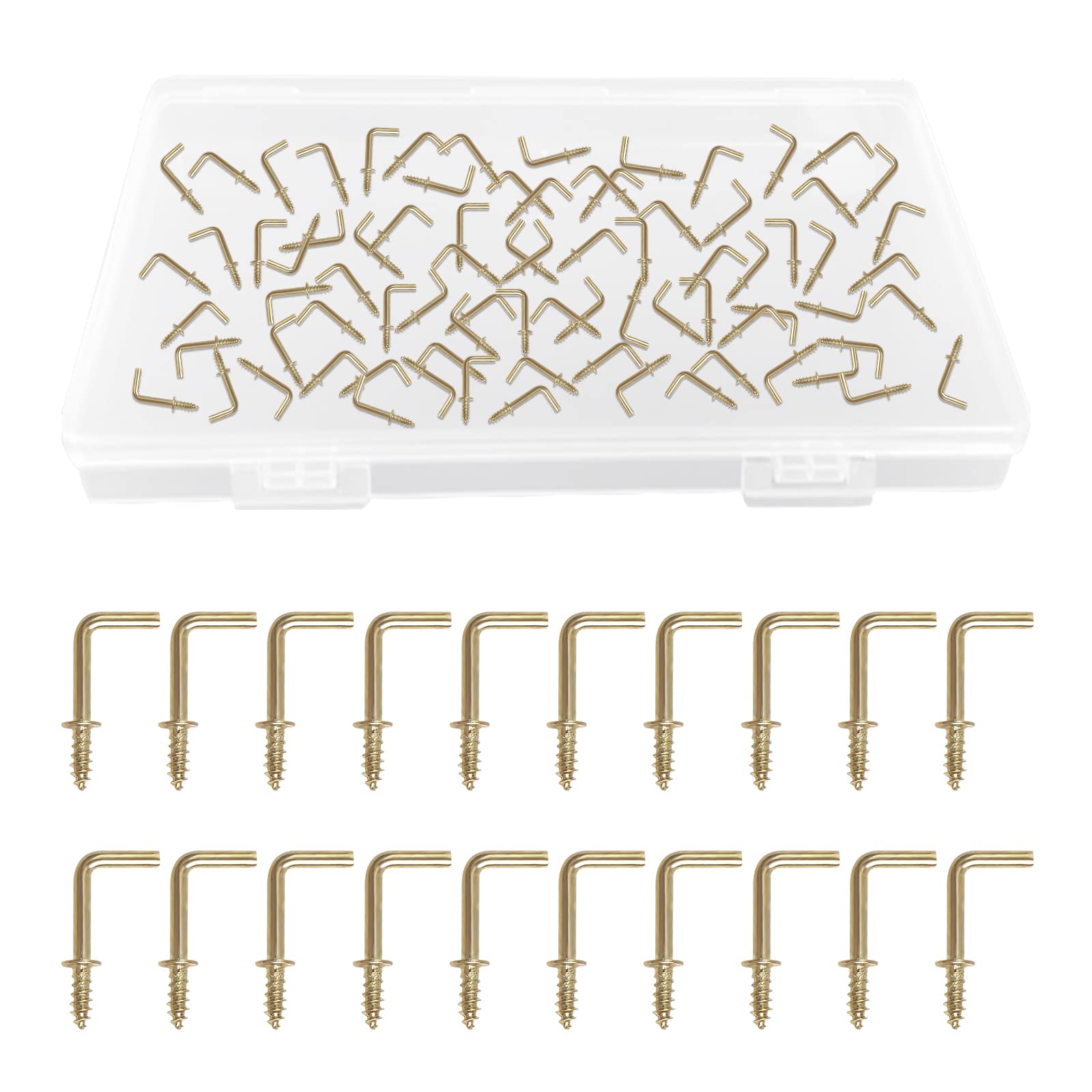 UFURMATE Screw in Hooks, 100Pcs Copper Plated L Shaped Hooks Shouldered Dresser Cup Hooks Right Angle Hooks Self Tapping Screw Hooks for Indoor and Outdoor Hanging (Gold) — image 1