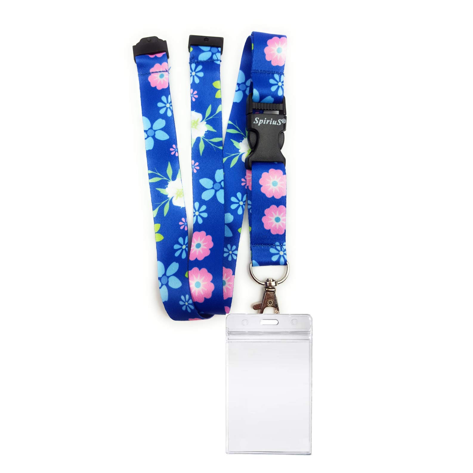 Waterproof Id Badge Holder Zip-Lock Design + Beautiful SpiriuS Lanyard Neck Strap with Metal Clip (Pink Flowers)