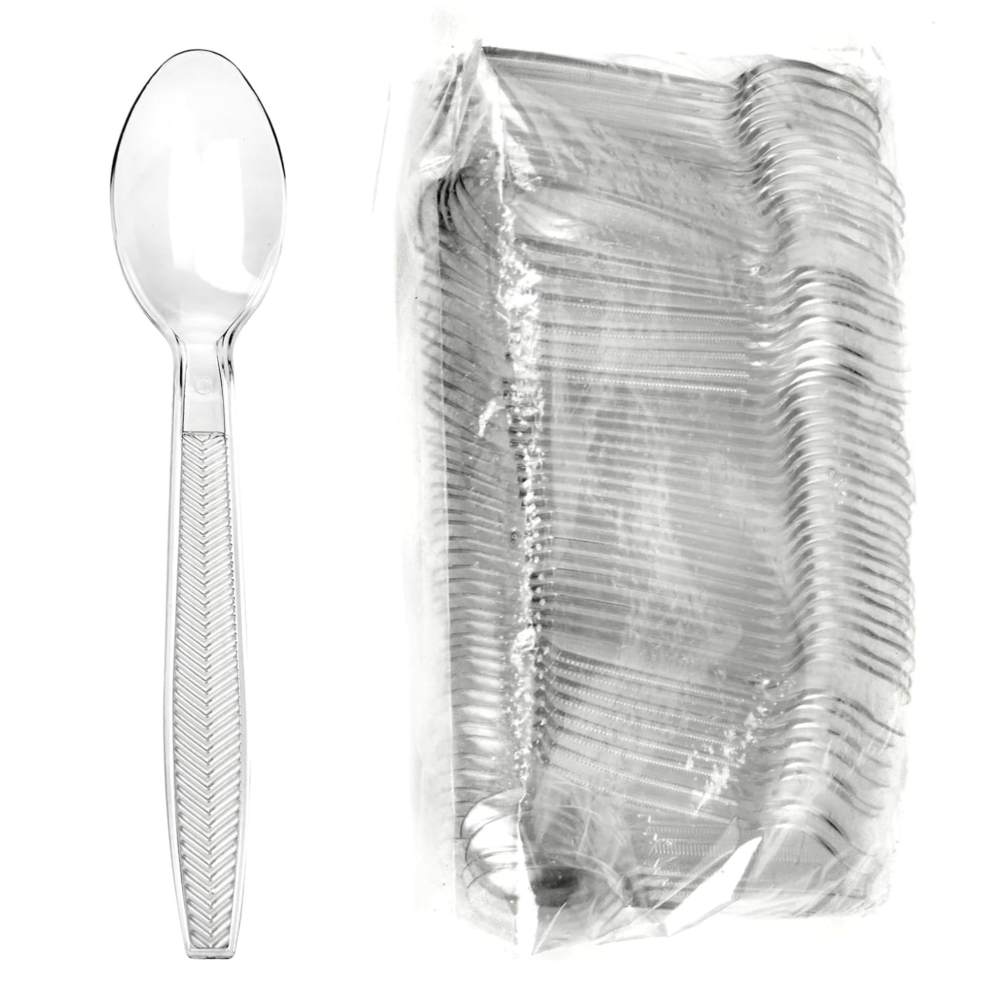 Signature Packaging Re-usable Plastic Cutlery, Heavy Duty Washable Utensils for Dessert, Camping, Picnic & Tea Parties, Non Toxic Disposable for Food & Events - Dessert Spoons, Pack of 100