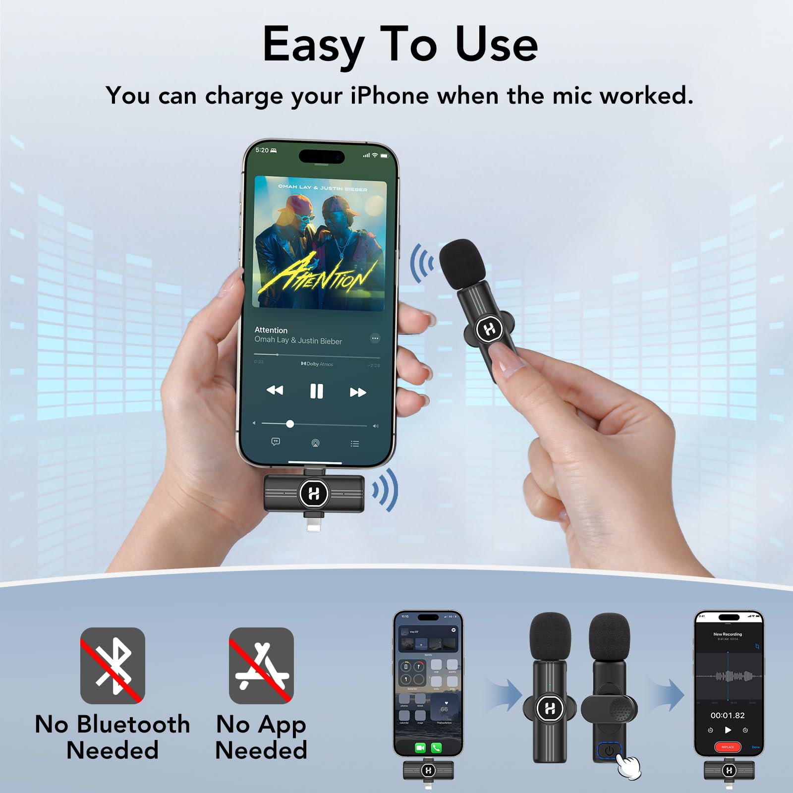 Mini Wireless Lavalier Microphone for iPhone, iPad, Android Phone - Noise Reduction Lapel USB C Bluetooth Mic for Recording, Clip on Omni Lav Mic for Video Recording, Tiktok, YouTube, Vlog