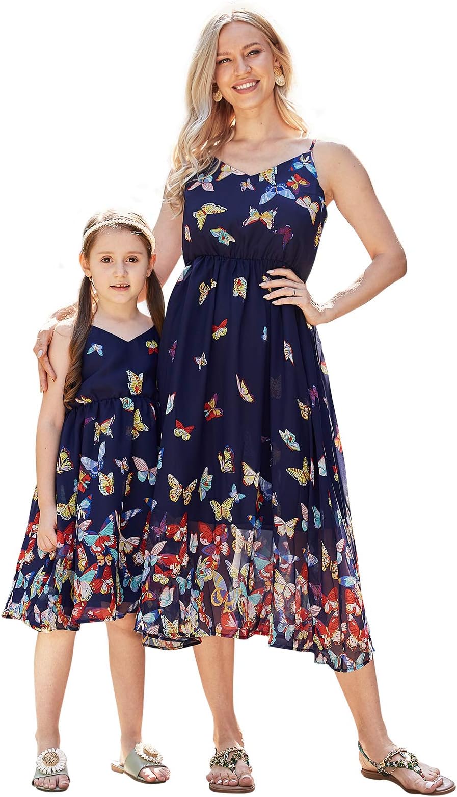 PopReal Mommy and Me Dresses Vintage Butterfly Floral Printed Spaghetti Straps V-Neck Beach Cami Dress