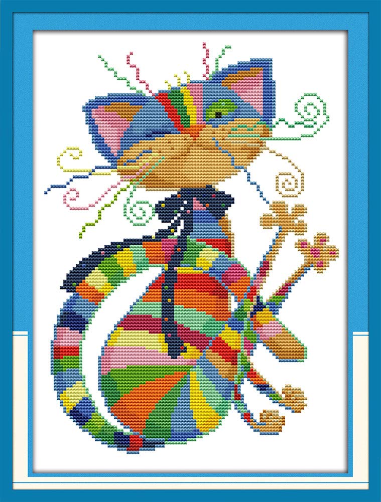 Awesocrafts Cross Stitch Kits, Colorful Cat Animals Cute Abstract Easy Patterns Cross Stitching Embroidery Kit Supplies, Stamped Options for Adults Beginners Kids Gifts (Cat, Stamped)