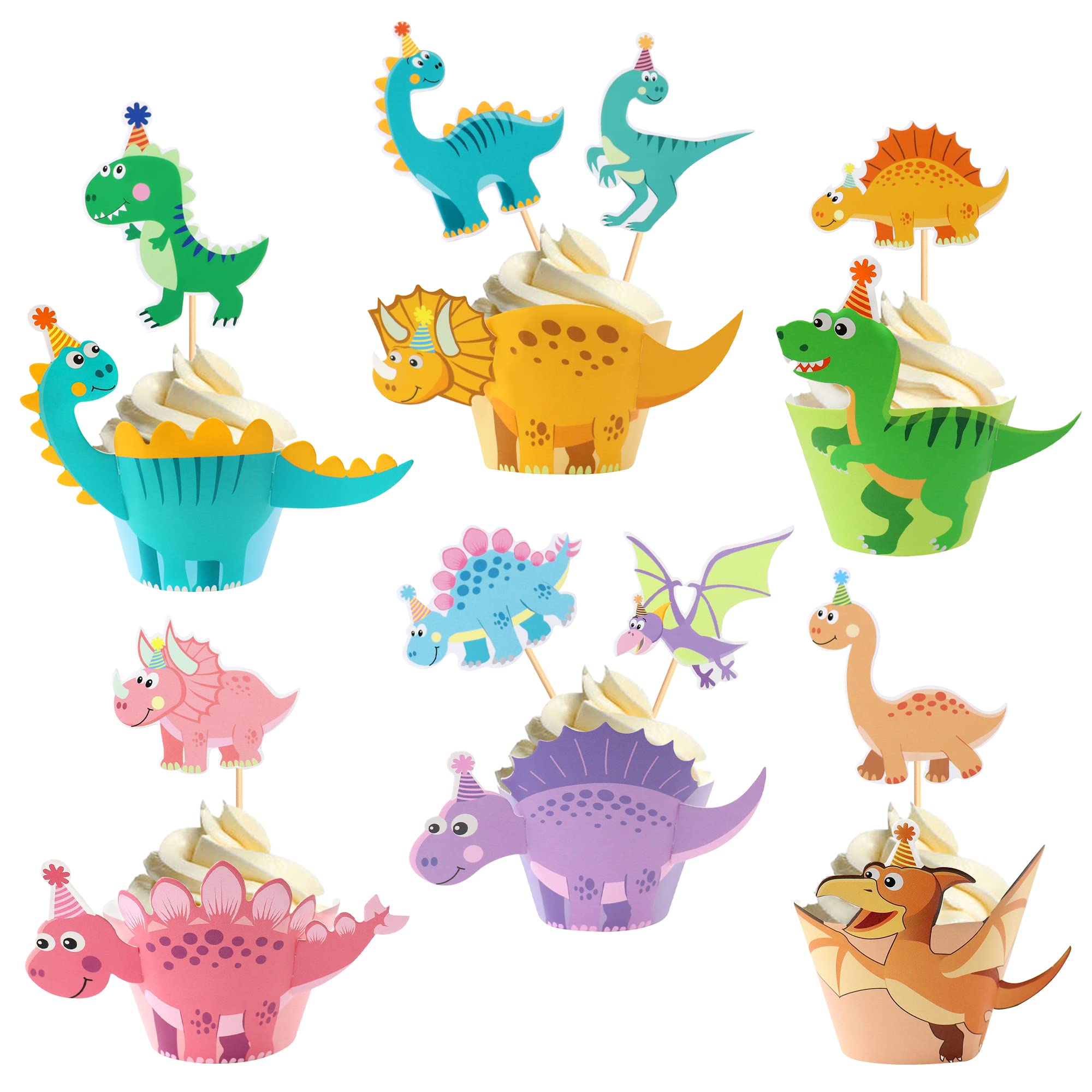 Blumomon 24Pcs Dinosaur Cupcake Wrappers and 24Pcs Dinosaur Cupcake Toppers DIY Dinosaur Cake Decorations for Jurassic World Theme Kids Babyshower Birthday Party Decorations — image 1