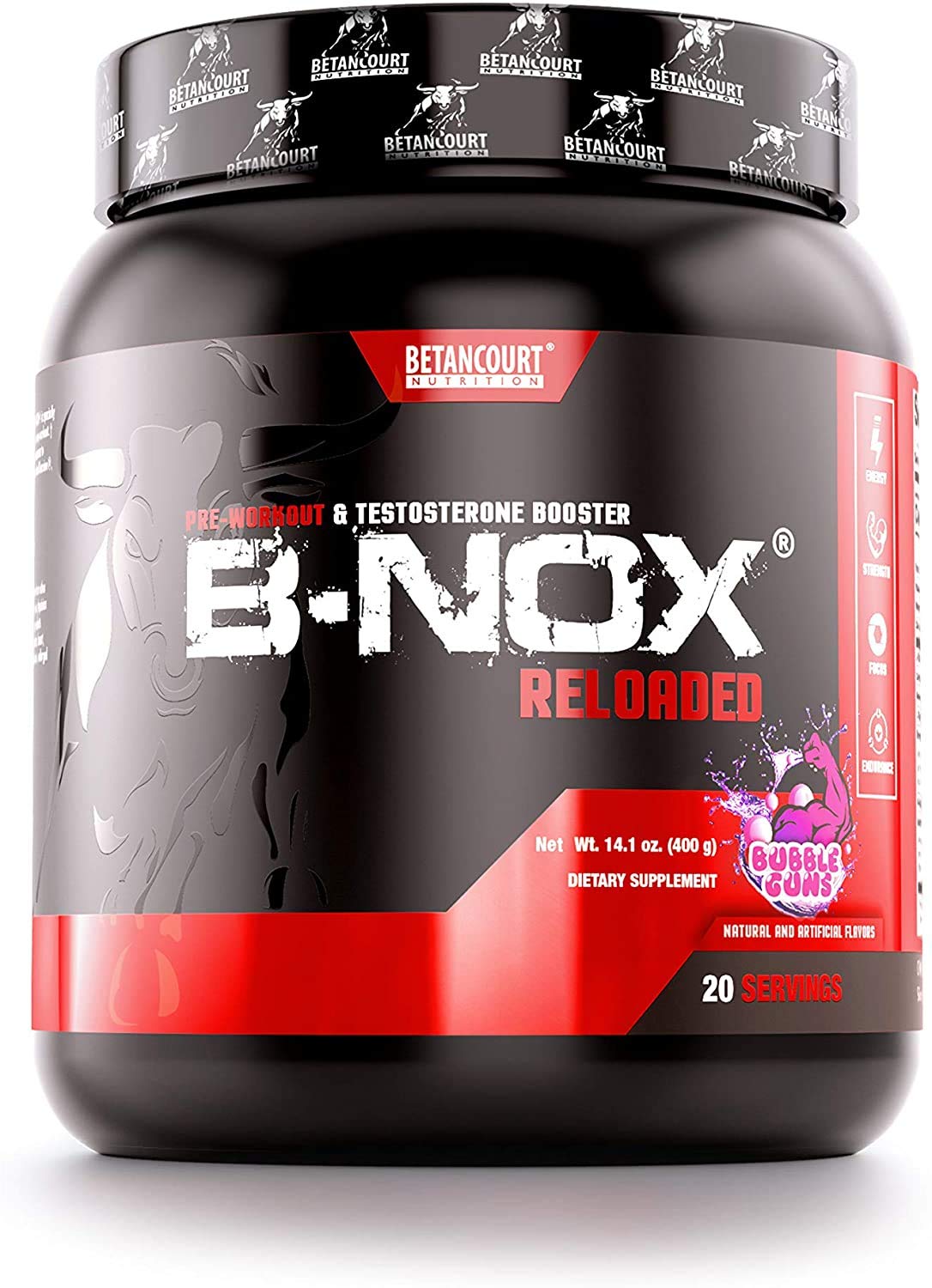 B-Nox Reloaded Pre Workout | Energy + Focus | Beta Alanine, L-Citrulline, Ashwagandha | 300mg Caffeine | 20 Servings (Bubble Guns)