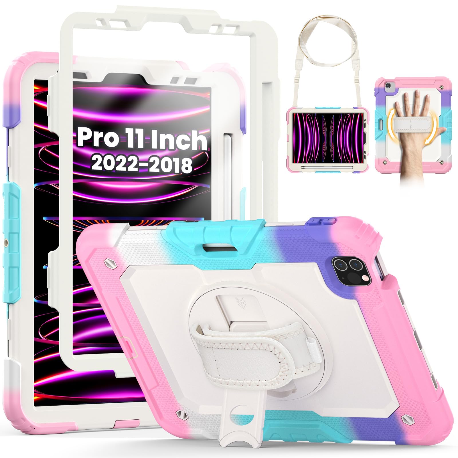 SEYMCY Kids Case for iPad Pro 11 Inch 2022/2021/2020/2018 (NOT Fit 2024 Released Version), Full-body Shockproof with Stand & Hand Strap, Screen Protector, Pencil Holder, Carrying Strap, Pink — image 1
