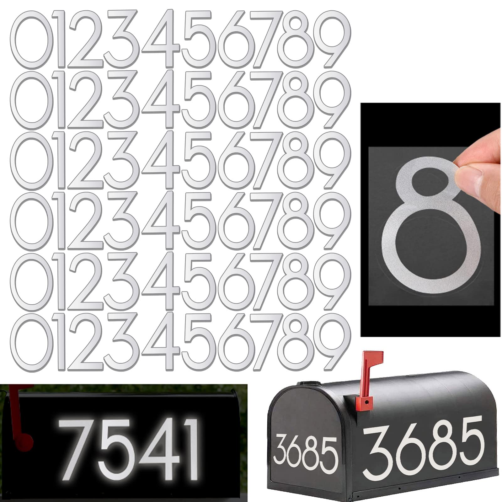 6 Sets 3 inch White Reflective Mailbox Numbers