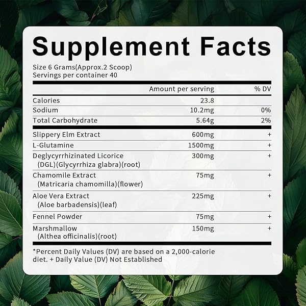 SLIPPERY ELM, ORGANIC SLIPPERY ELM BARK POWDER WITH L-GLUTAMINE, DGL, CHAMOMILE, ALOE VERA, FENNEL, MARSHMALLOW, NATURAL HERBS FOR SOOTHING THROAT & DIGESTIVE SUPPORT, 40 SERVINGS