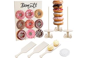 MOAMUN Wood Donut Stand Set, 1 Donut Wall Display 2 Bagel Stand 3 Handle Board with 50 Sheets of Paper doilies, Reusable Donu