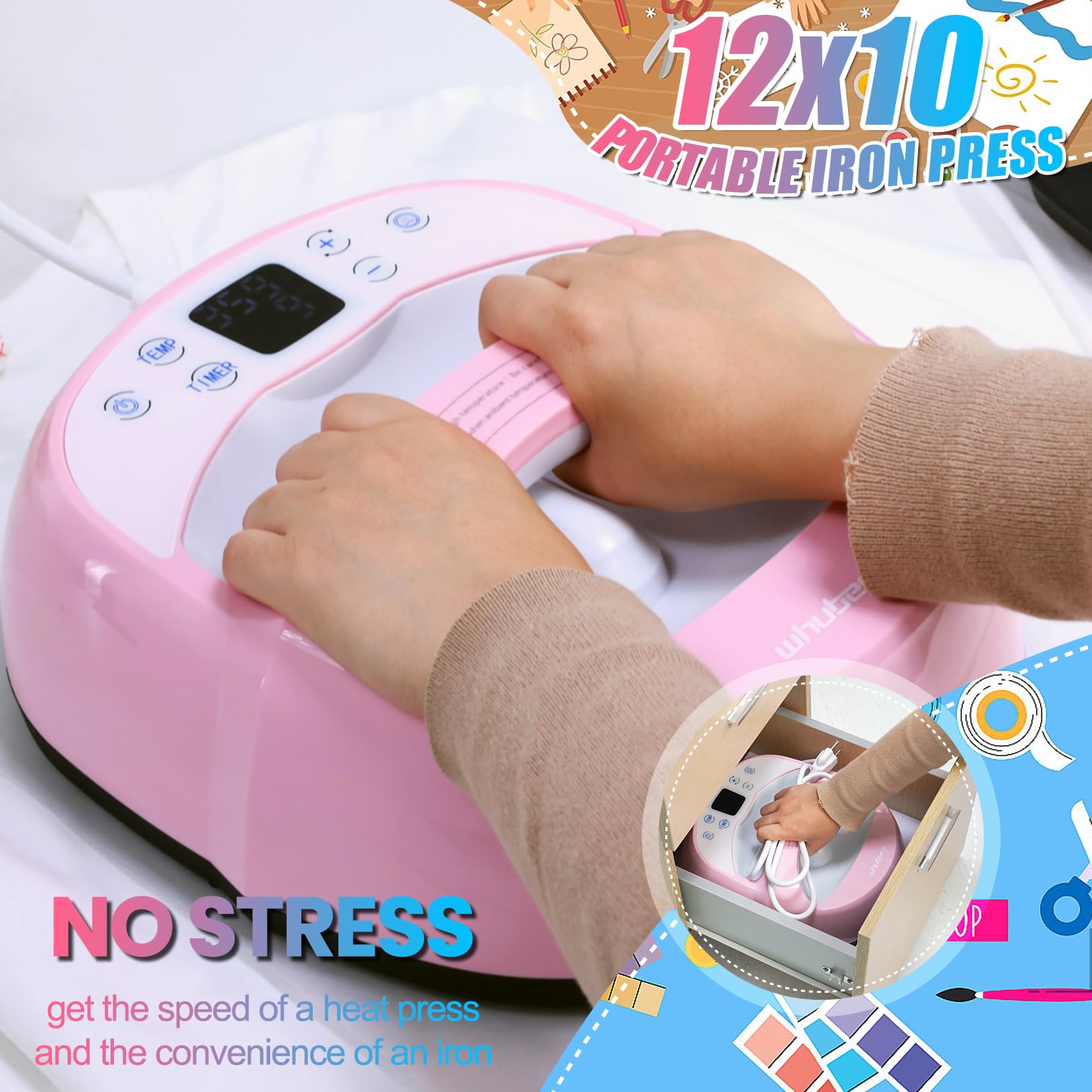 Whubefy Heat Press Machine for T Shirts 12x10 Portable Easy Iron Press with Insulated Safety Base & Auto-Off, 550W Dual-Tube Fast Heating & Precise Temperature Control for Wind Spinner, Bags, Pillows