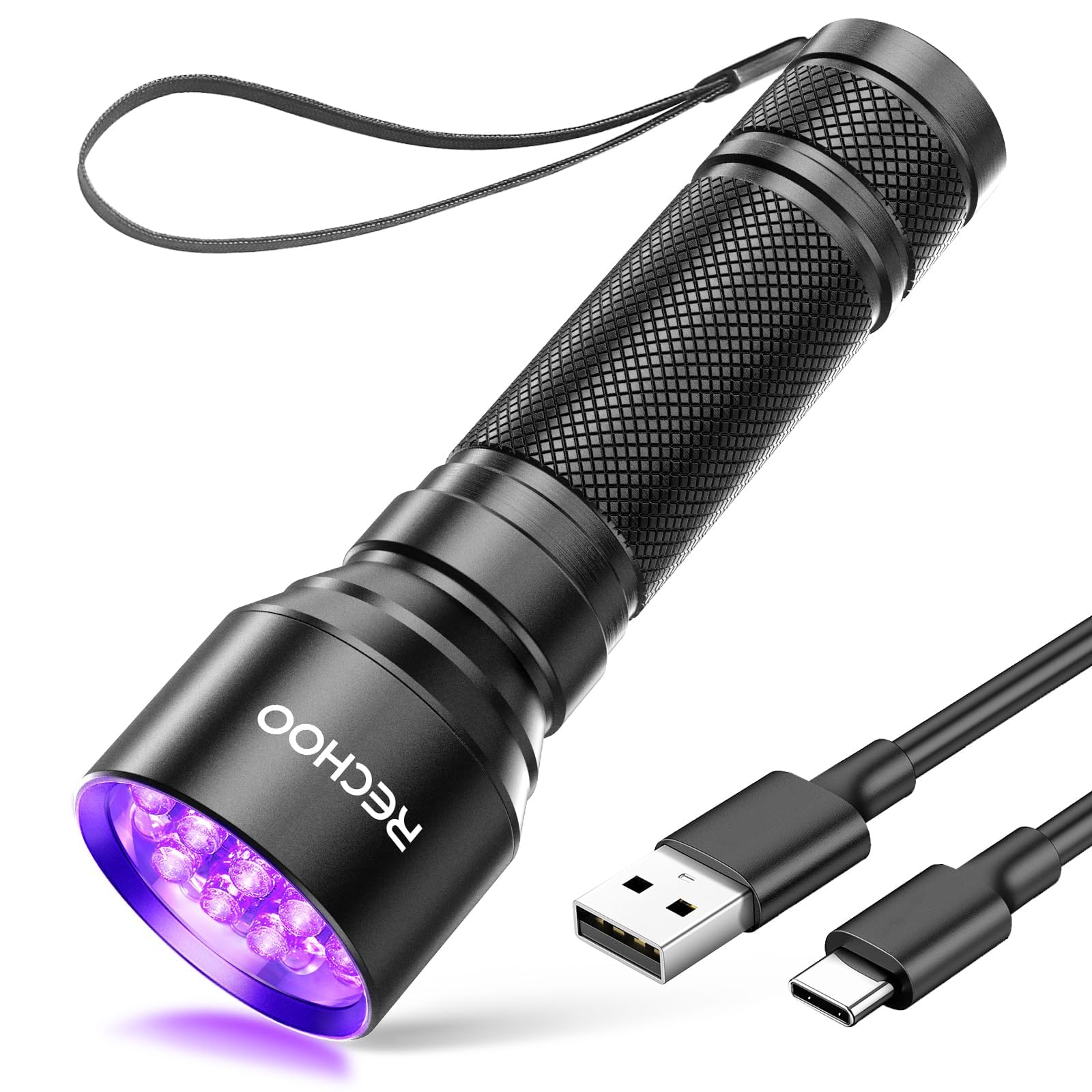 Photo 1 of RECHOO UV Flashlight Black Light, 21 LED 395nm Ultraviolet Rechargeable Flashlights UV Light, Waterproof Portable BlackLight Flashlights for Pet Urine Detection, Dry Stains, Bed Bug, Fluorescent Agent