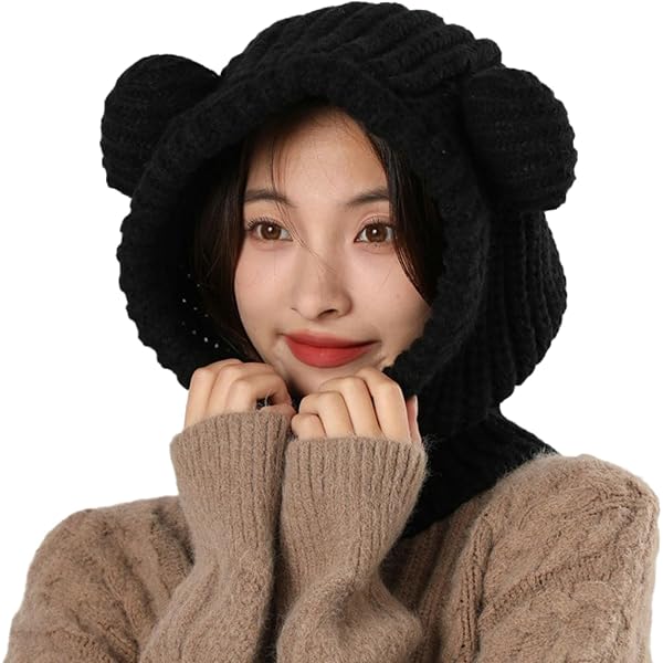 Women\'s Black Cute Bear Balaclava Warm Hooded Scarf Beanie Hat Skull Pullover Cute Balaclava Styles and Hacks for Every Occasion | TikTok main image 3