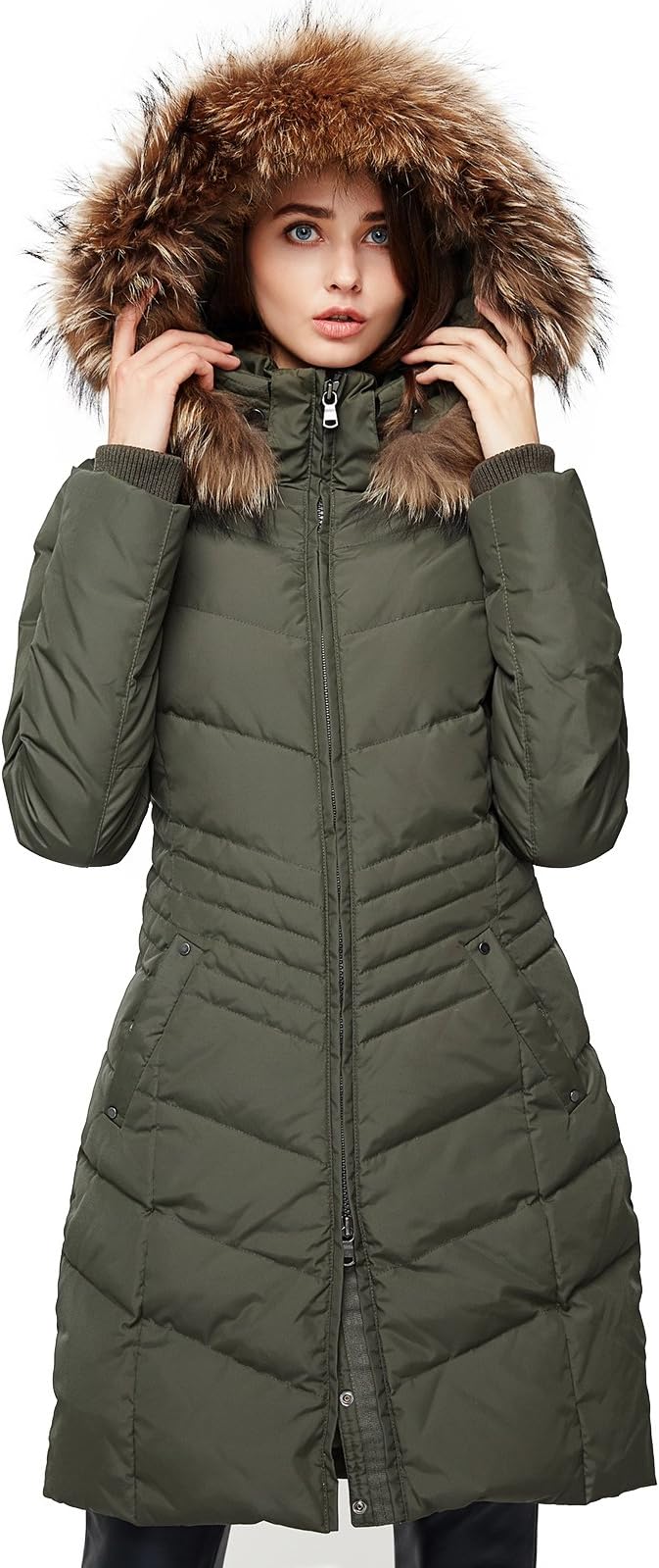 Escalier Women's Down Jacket Winter Long Parka Coat with Raccoon Fur Hooded