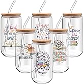 6 Pcs Book Lover Gifts 16 oz Glass Cups with Lid Straw Iced Coffee Glass Tumbler Library Reading Drinking Cups Reader Gift Book Club Appreciation Gifts for Teacher Employee Volunteer Librarian Nurse