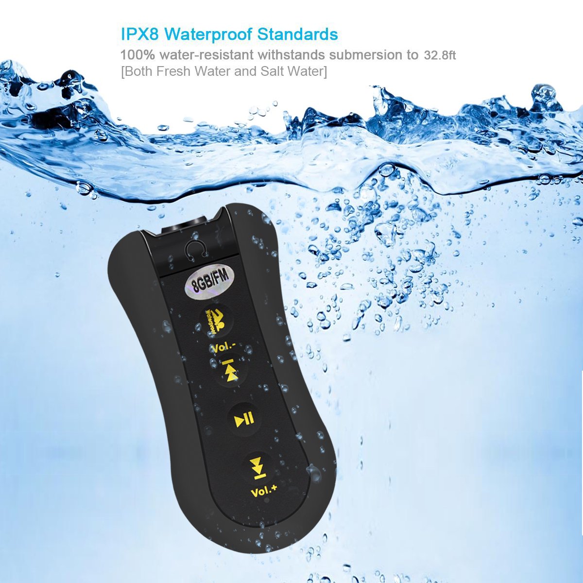 Waterproof MP3 Player, EATPOW 8GB IPX8 Upgraded Waterproof Stereo Earphone Underwater Sport MP3 with FM Radio Music Player for Swimming,Running,Water Sports (Max Depth 10M/32.8ft)