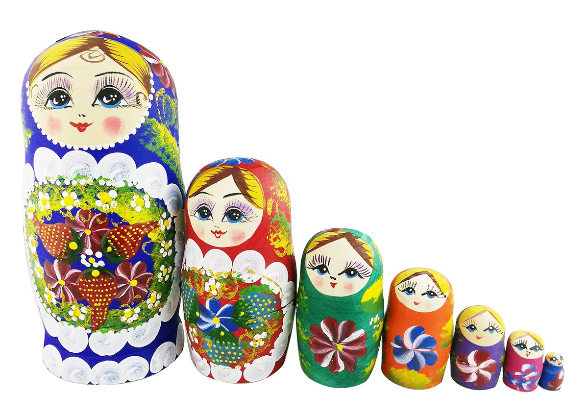 Winterworm® Set of 7 Berries and Flowers Patterns Wooden Nesting Dolls Matryoshka Russian Doll