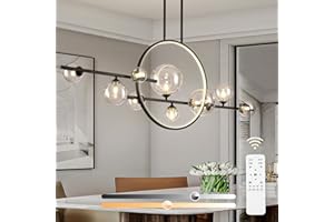 KELUOLY 10 Lights Modern Pendant Light Fixtures, 54" Black Dimmable Mid-Century Dining Room Large Bubble Chandeliers, Linear Island Lights with Spherical Clear Glass Shade for Kitchen Island, bar