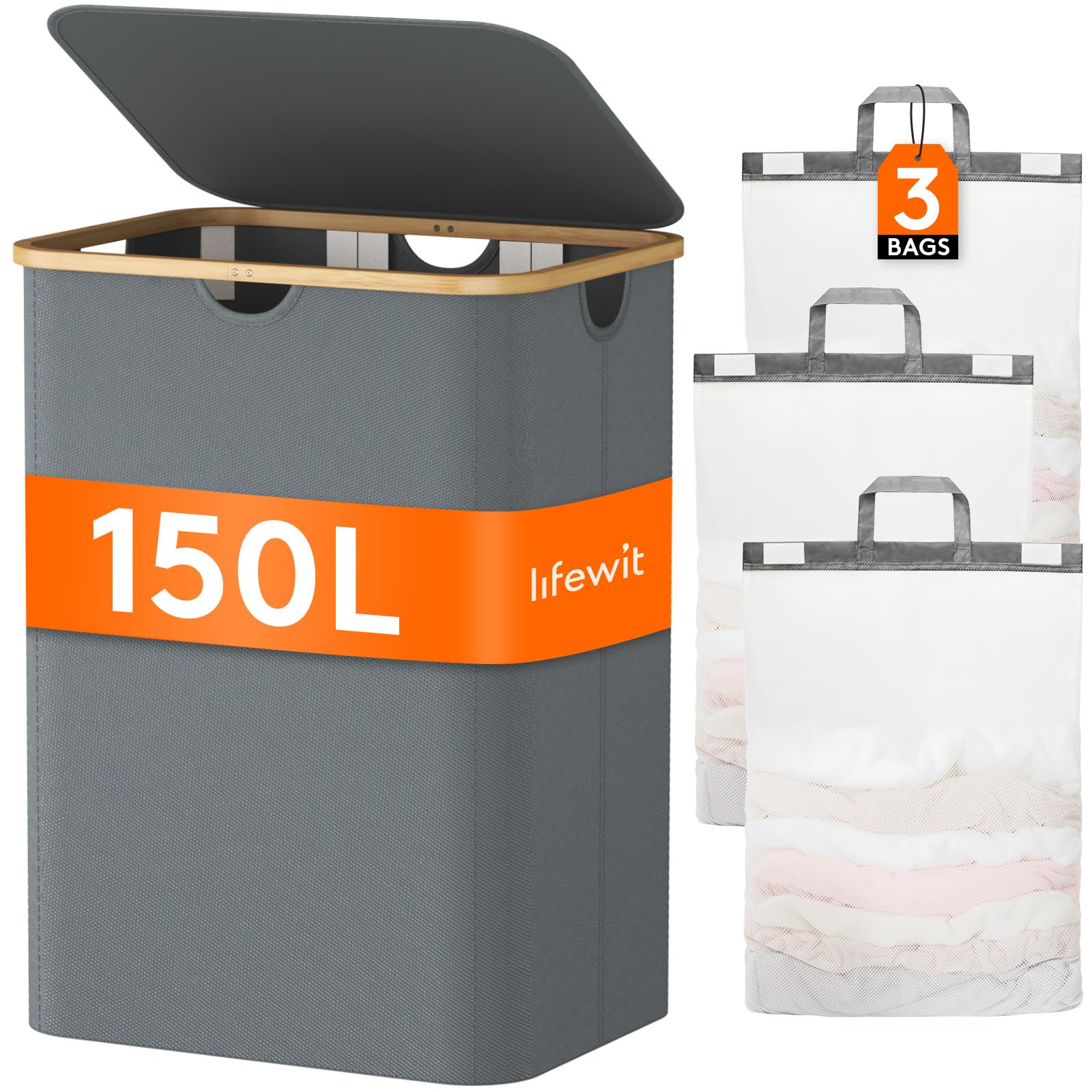 Lifewit 150L Laundry Basket with Lid 3 Section, Large Laundry Hamper with Bamboo Handles and Removable Laundry Bags, Clothes Hampers for Laundry for Bedroom, Bathroom, Dorm, Laundry Room, Light Gray