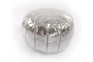 KENZADI Genuine Leather Ottoman Pouf Cover Hand Stitched in Marrakech by Moroccan Artisans, Footstool, UNSTUFFED (Silver)