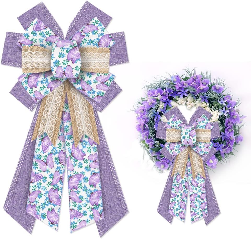 Bows & Ribbons - Large Purple Lavender Spring Bows for Wreath, Spring Vintage Butterfly Wreath Bows Idyllic Romantic Floral Bows for Front Door, Farmhouse Ornament Burple Tree Bows for Holiday Indoor Outdoor Decor
