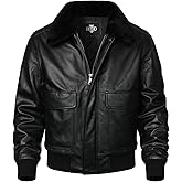 HOOD CREW Men’s Genuine Leather Flight Bomber Jacket Air Force Aviator Outerwear Jackets with Removable Fur Collar