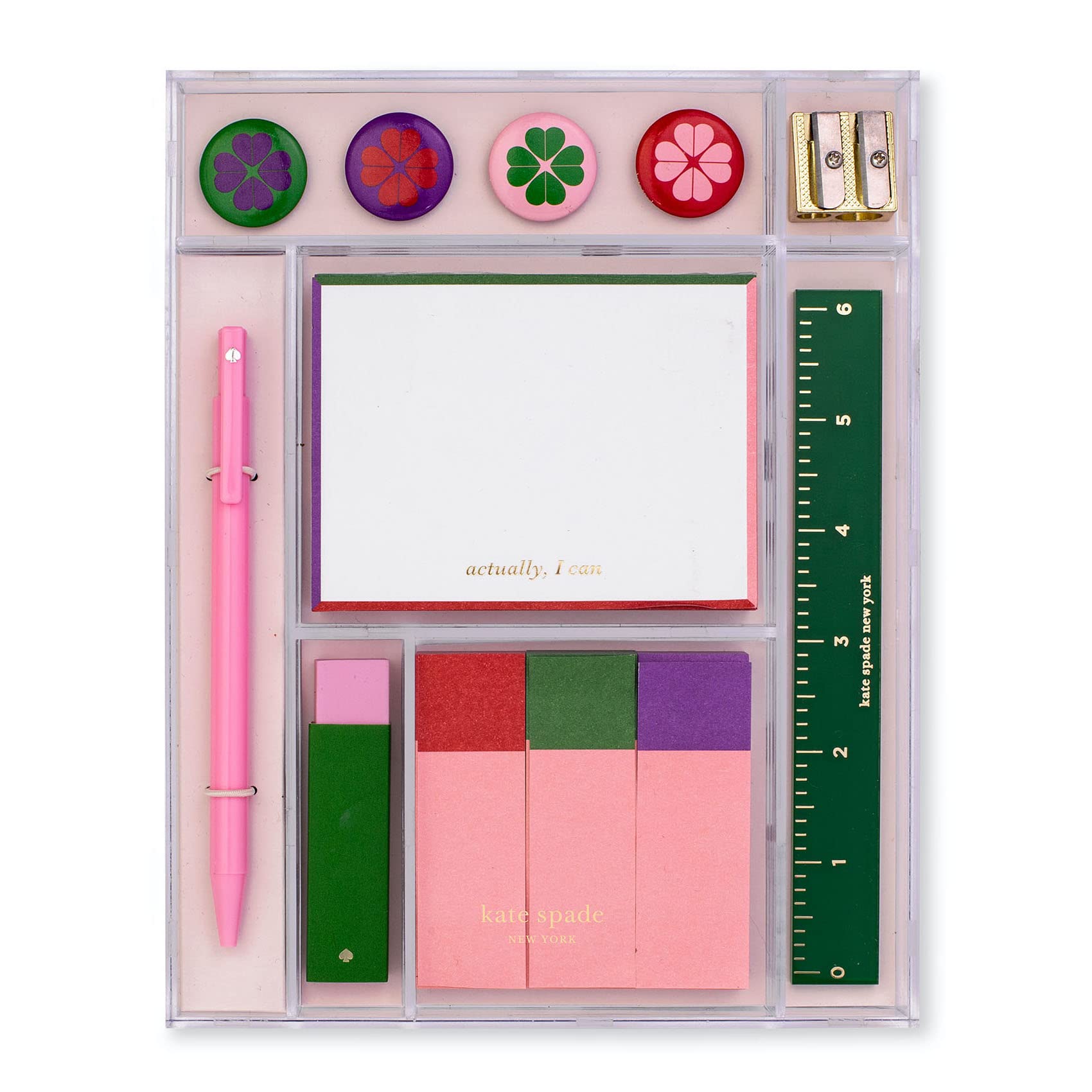 Kate Spade New York Cute Office and School Supplies Set, Tackle Box Desk Organizer Includes Ruler, Pen, Pencil sharpener, Eraser, 3 Sticky Note Flags, Notepad, and Magnets