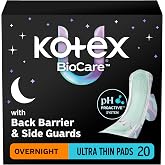 Kotex BioCare Ultra Thin Overnight Pads, Wings, 20 Count | Night Defense, Back Barrier, Side Guards, UltraSoft Top Layer, 5X System with LeakShield Protection, Gravity Core