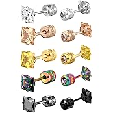 AILIFE 5 Pairs Stud Earrings Set Hypoallergenic Surgical Stainless Steel Earrings for Women Men , Balls/ Square/ Round Surgical Steel Stud Earrings Screw Back Multicolored Cubic Zirconia Titanium Earrings