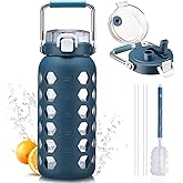MUKOKO 64oz Glass Water Bottles with Straw and Lid,Half Gallon Water Bottle with Time Marker,Large Glass Water Jug with Silicone Sleeve and Stainless Steel Handle-Blue