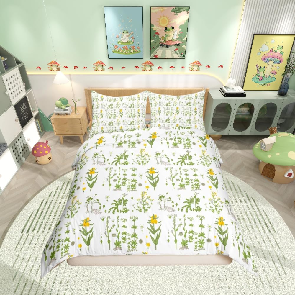 Small Daisy Duvet Cover Set Single Size Yellow Flowers and Green Leavese Print Kids Bedding sets with Hidden Zipper Closure and Corner Ties,Soft Comforter Microfiber Quilt Cover 2PCs(135x150cm) — image 1