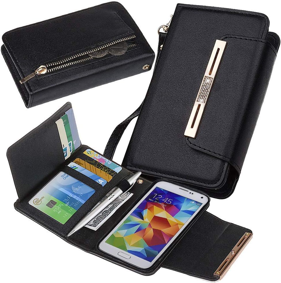 Posher Magnetic Detachable PU Leather Bling Glitter Wallet Purse Case with Credit Card Slots Fit for Samsung Galaxy S5