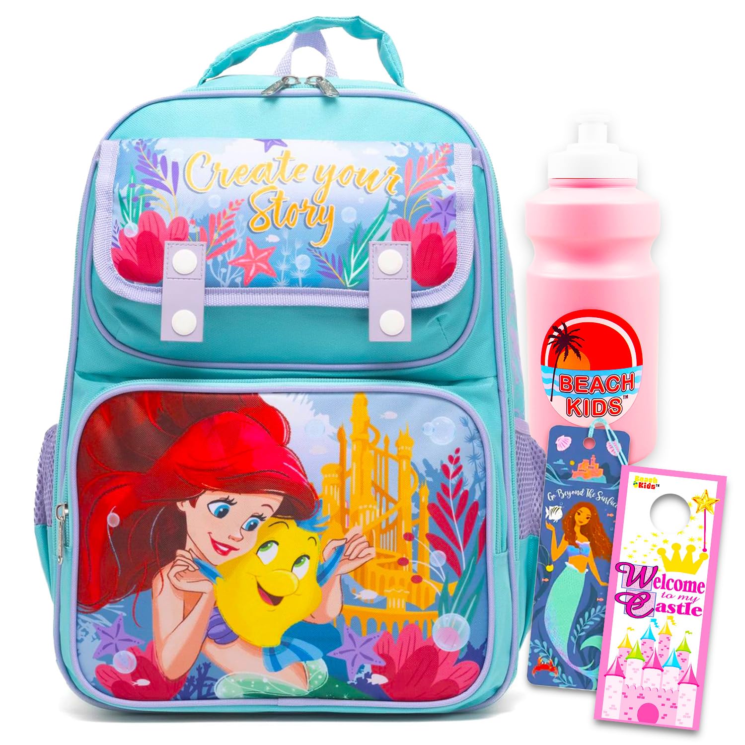Photo 1 of Disney The Little Mermaid Backpack for Girls - Bundle with 15.5” Little Mermaid School Bag with Front Pockets, Water Bottle, More | Ariel Backpack for Kids