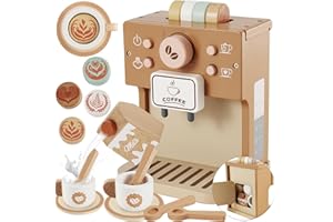 BUYGER Kids Wooden Coffee Maker Toy, Pretend Play Kitchen Accessories Coffee Playset Tea Set Gifts for Ages 3 4 5 Year Old Kids Toddler Boys Girls
