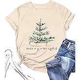 TOTWOW Christmas Shirts for Women Funny Merry Xmas Holiday Short Sleeve T-Shirt Tops