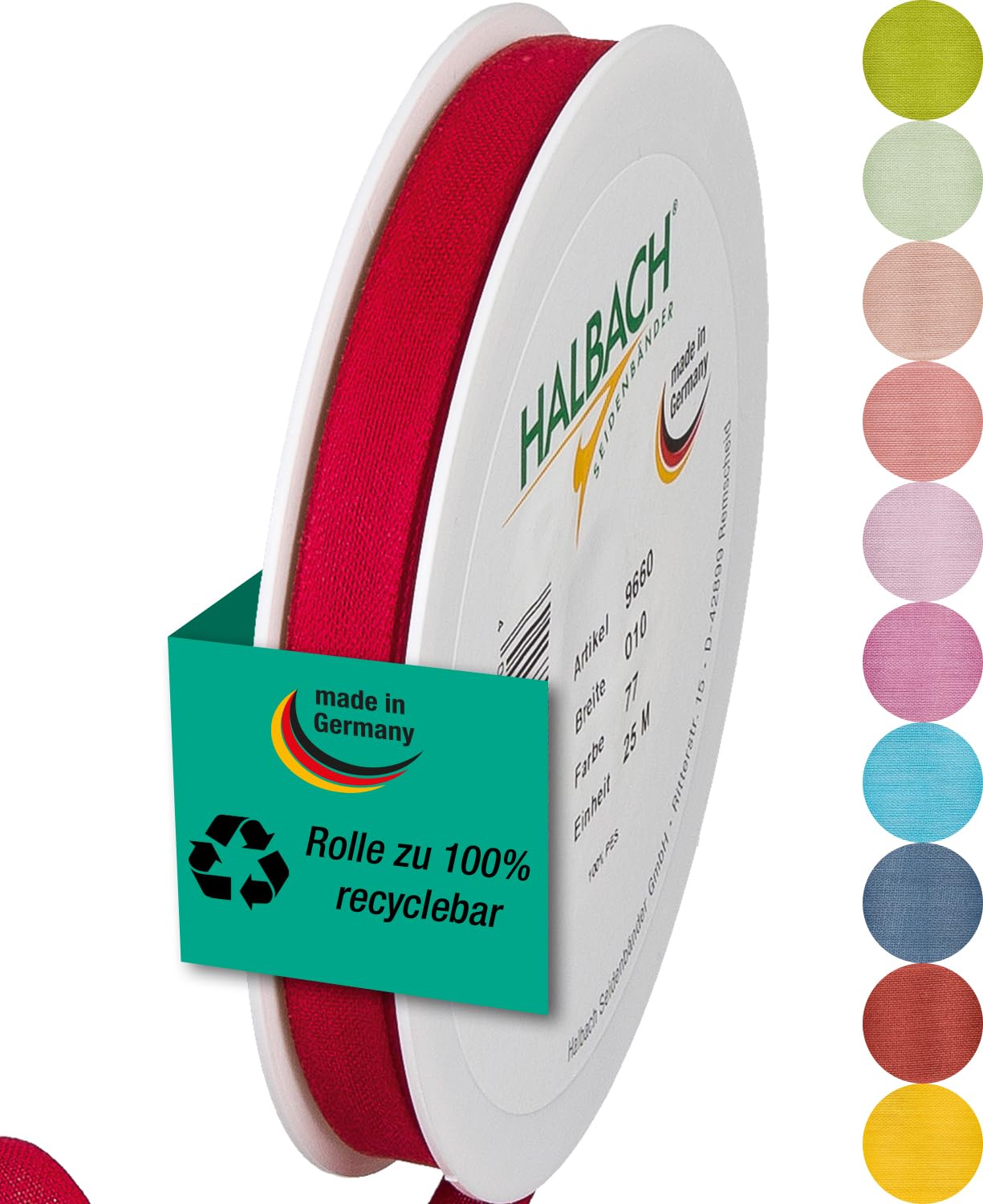 Halbach Seidenbänder Gift Ribbon Width 10 mm Length 25 m Ribbon Made in Germany Gift Ribbons in a Variety of Colours and Widths Perfect for Packaging and Decorating, Colour: Red