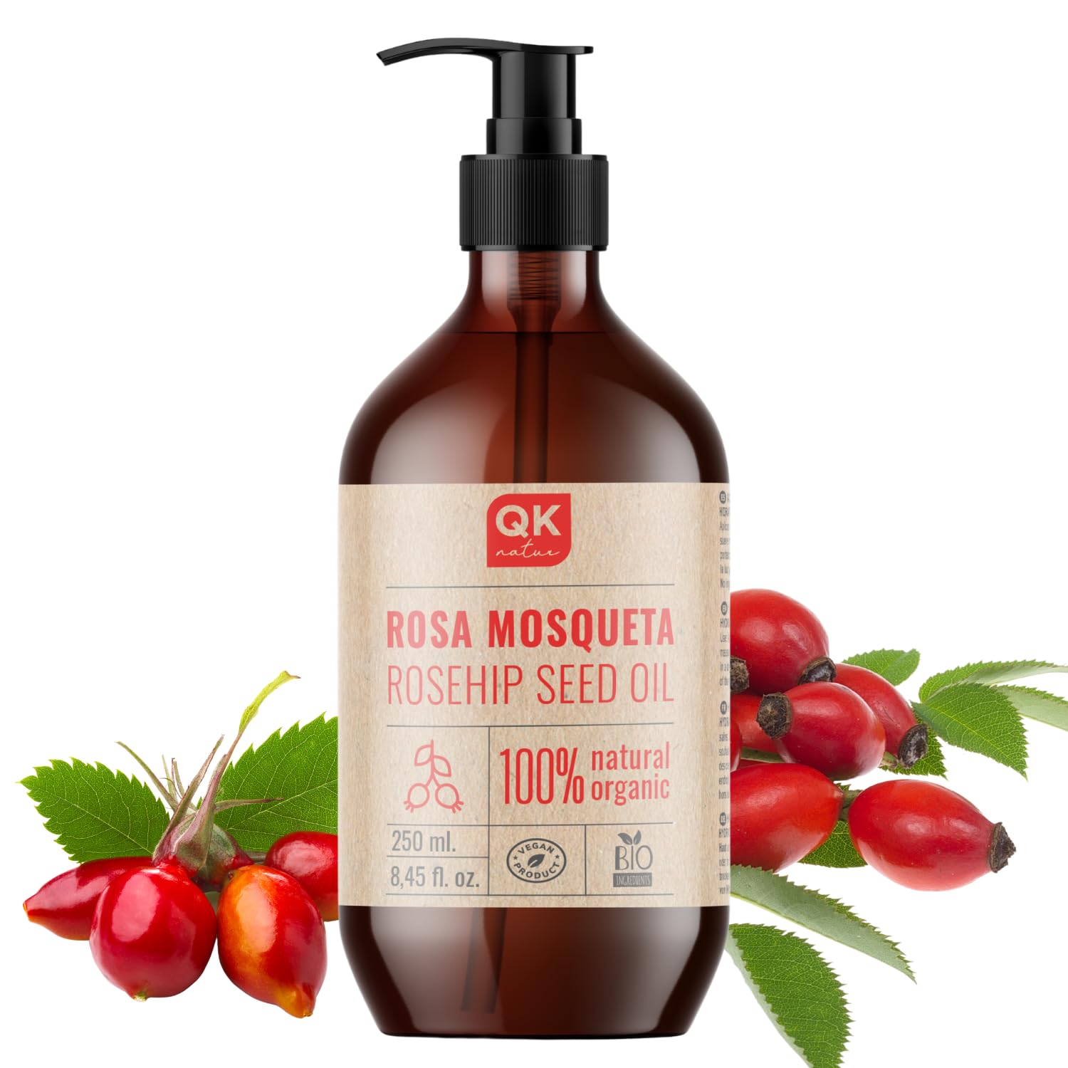 Rosehip Oil, 100% Pure Organic Vegan - 250 ml - for Scars and Stretch Marks - Anti-Wrinkle Anti-Aging - BIO - Cold Pressed