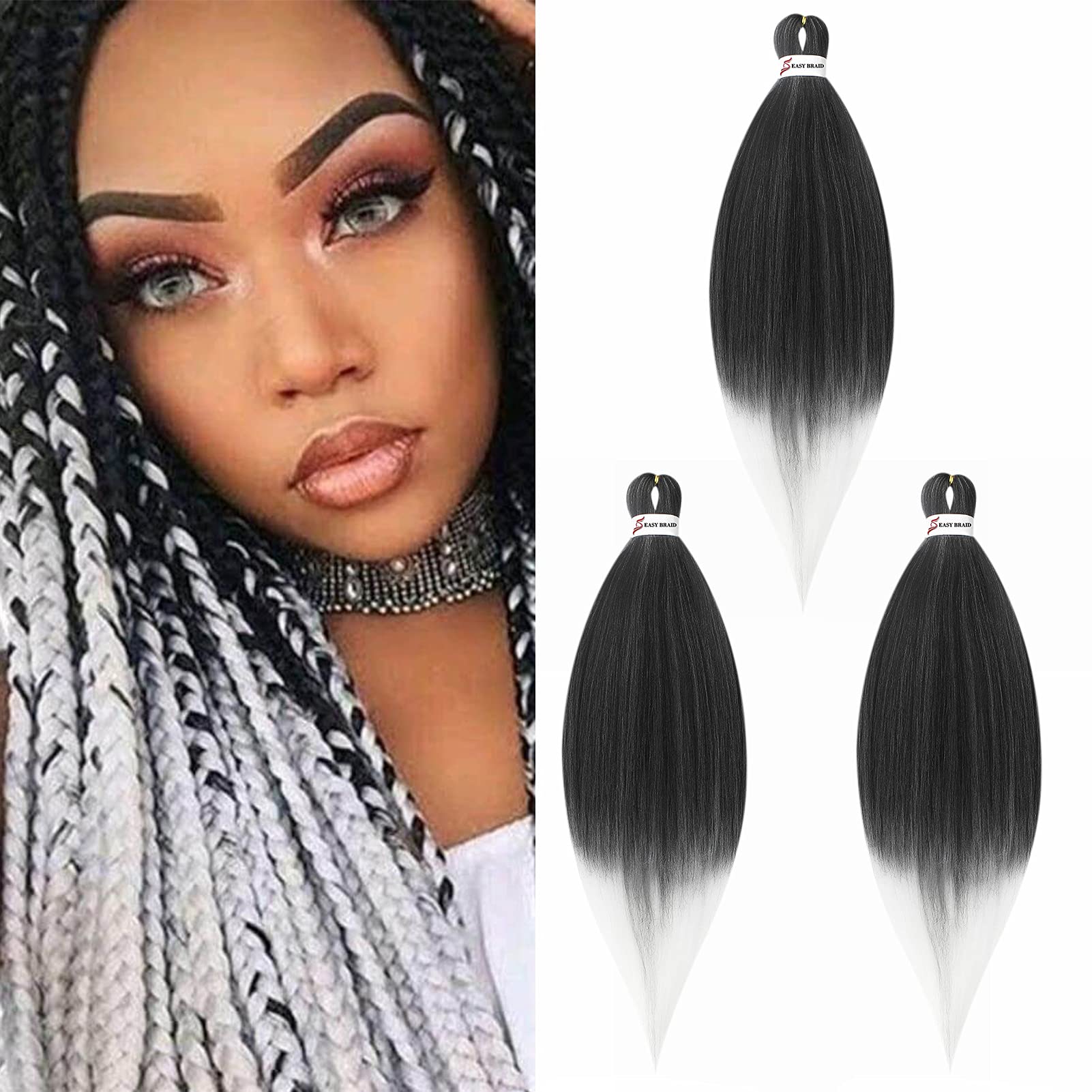 Pre stretched Braiding Hair Easy Braid Professional Hair Extensions Hot Water Setting Synthetic Fiber Crochet Twist Hair Yaki Texuture Itch Free Long Soft (26inch 3packs Black&Pure White)