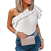 Farktop Womens One Shoulder Shirts Ruffle Sleeve Slim Fit Knitted Ribbed Summer Tops