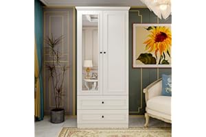 Keloyid Wooden Armoire Wardrobe Closet with Mirror Door, Bedroom Armoire Storage Cabinet, 2 Door Modern White Armoire Wardrobe Closet with Hanging Rod for Bedroom