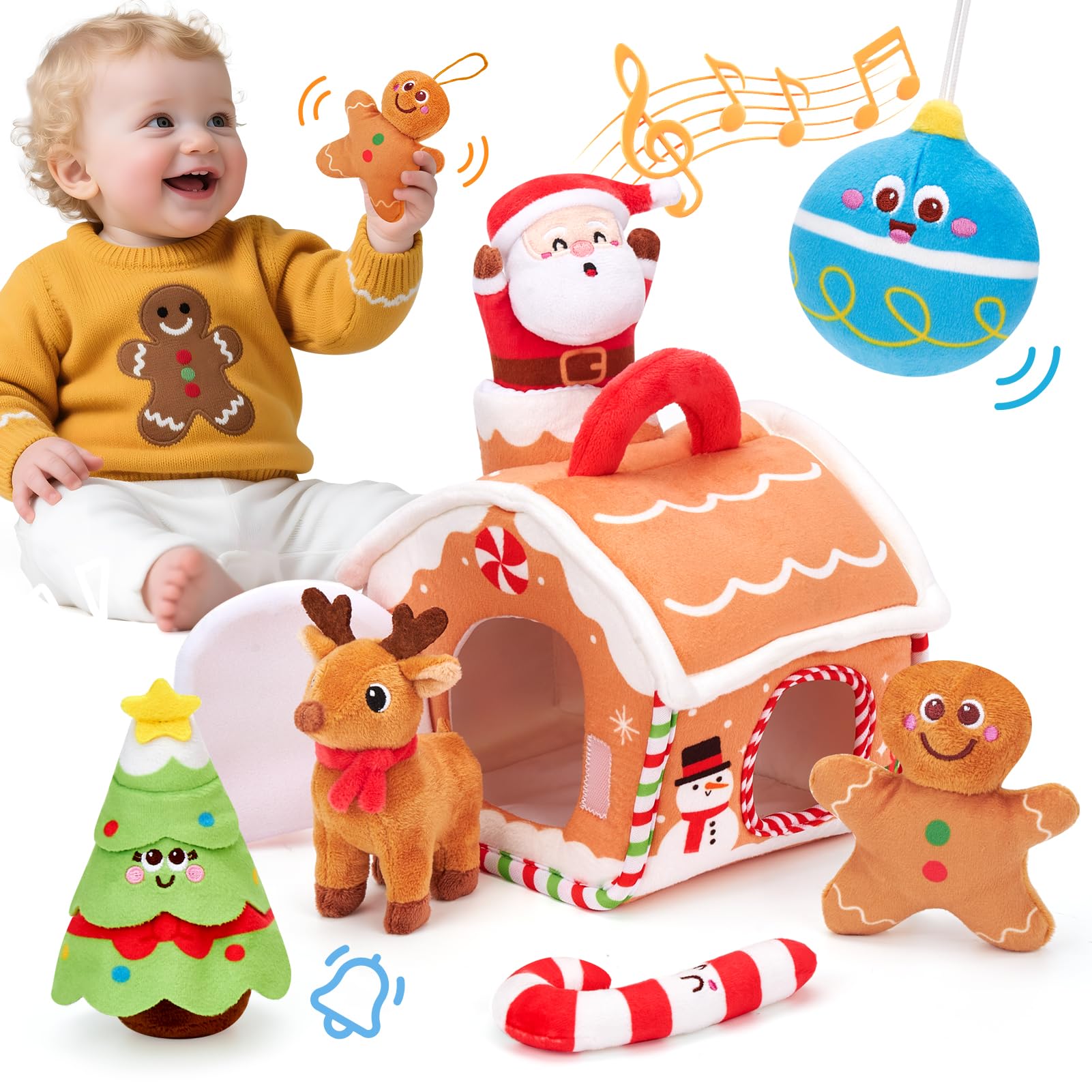 hahaland Baby Christmas Toy for 6 + 12 18 Months – Musical & Sensory Plush Christmas Toys Set with Gingerbread House, Santa, Reindeer, Gingerbread, Rattles & More - 7-Piece