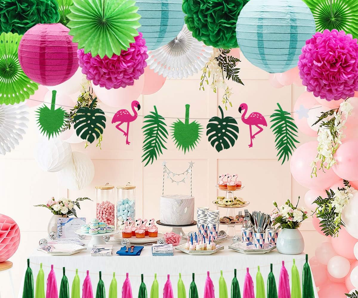 ADLKGG Tropical Flamingo Palm Leaf Banner Party Decorations, Hanging Paper Fans Paper Lanterns Pom Poms Flowers Tissue Tassels for Birthday Baby Shower Summer Hawaiian Party Bachelorette: Arts, Crafts & Sewing