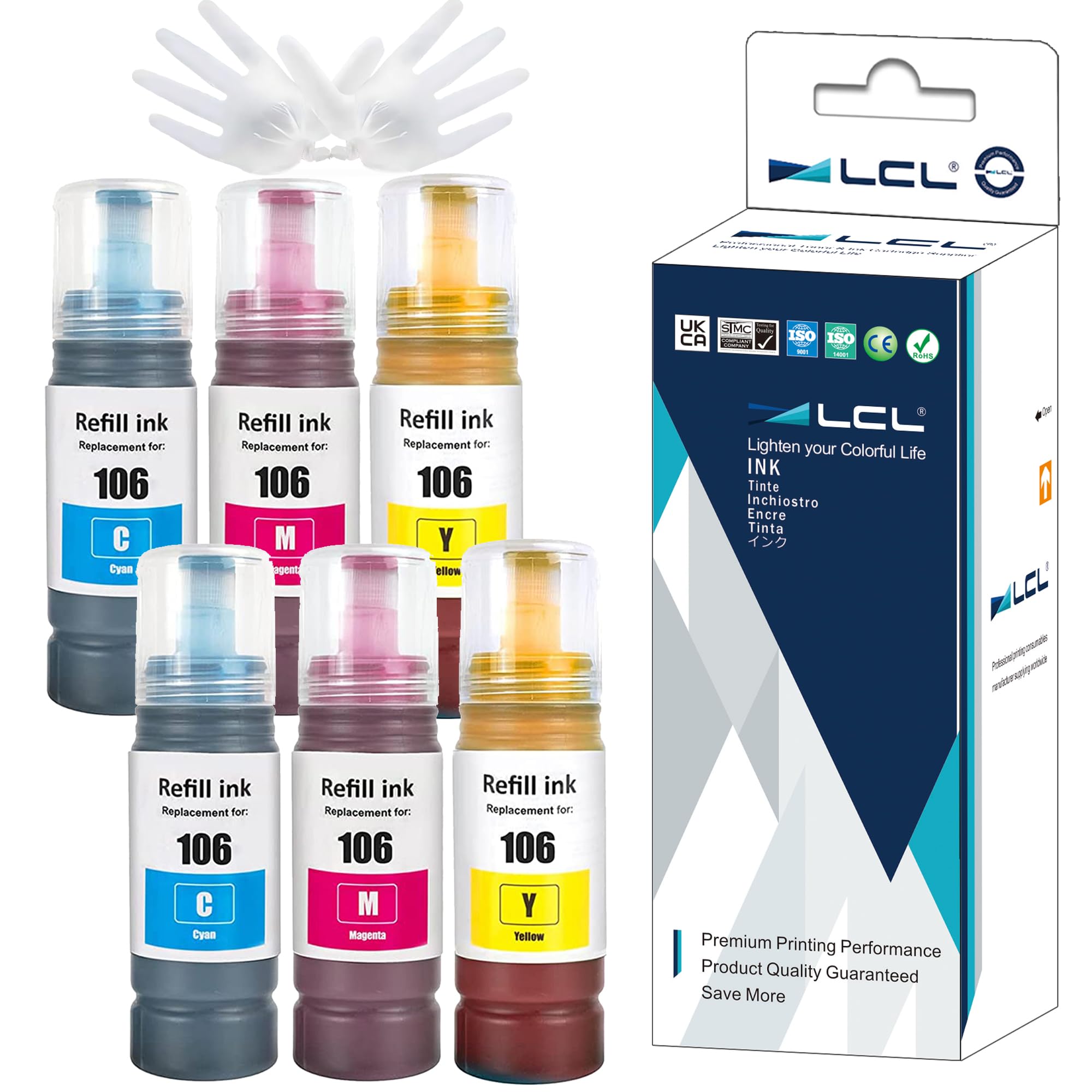 LCL 106 High Capacity Ink Bottle Replacement for Epson EcoTank 106 Ink Cartridge Bottle Multipack Compatible with Epson EcoTank L7160 L7180 ET-7700 ET-7750 Printers (6 Pack)