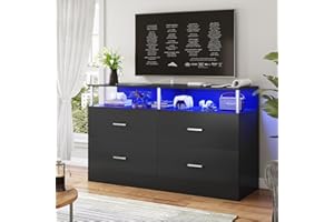 AOGLLATI Black Dresser for Bedroom with 4 Drawers,Dressers & Chests of Drawers with Column Design & Charging Station, Modern Bedroom Led Long Dresser for Bedroom Closet