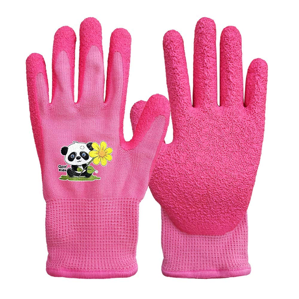 QEARSAFETY Girl Pink Kids Garden Gloves,3-6 Years Toddler, DIY, Kindergarten,Outdoor, Knitted Liner, Palm Natural Rubber Coated For Water/Dirty Resistance (3-6 years pink)