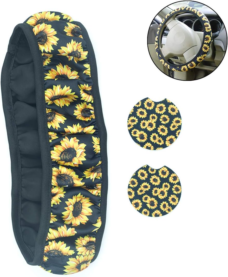 Sunflower Steering Wheel Cover for Women, Universal Cute Steering Wheel Cover, Anti Slip and Sweat Absorption Steering Wheel Cover + 2 Pack Sunflower Car Cup Holder Coaster Accessories