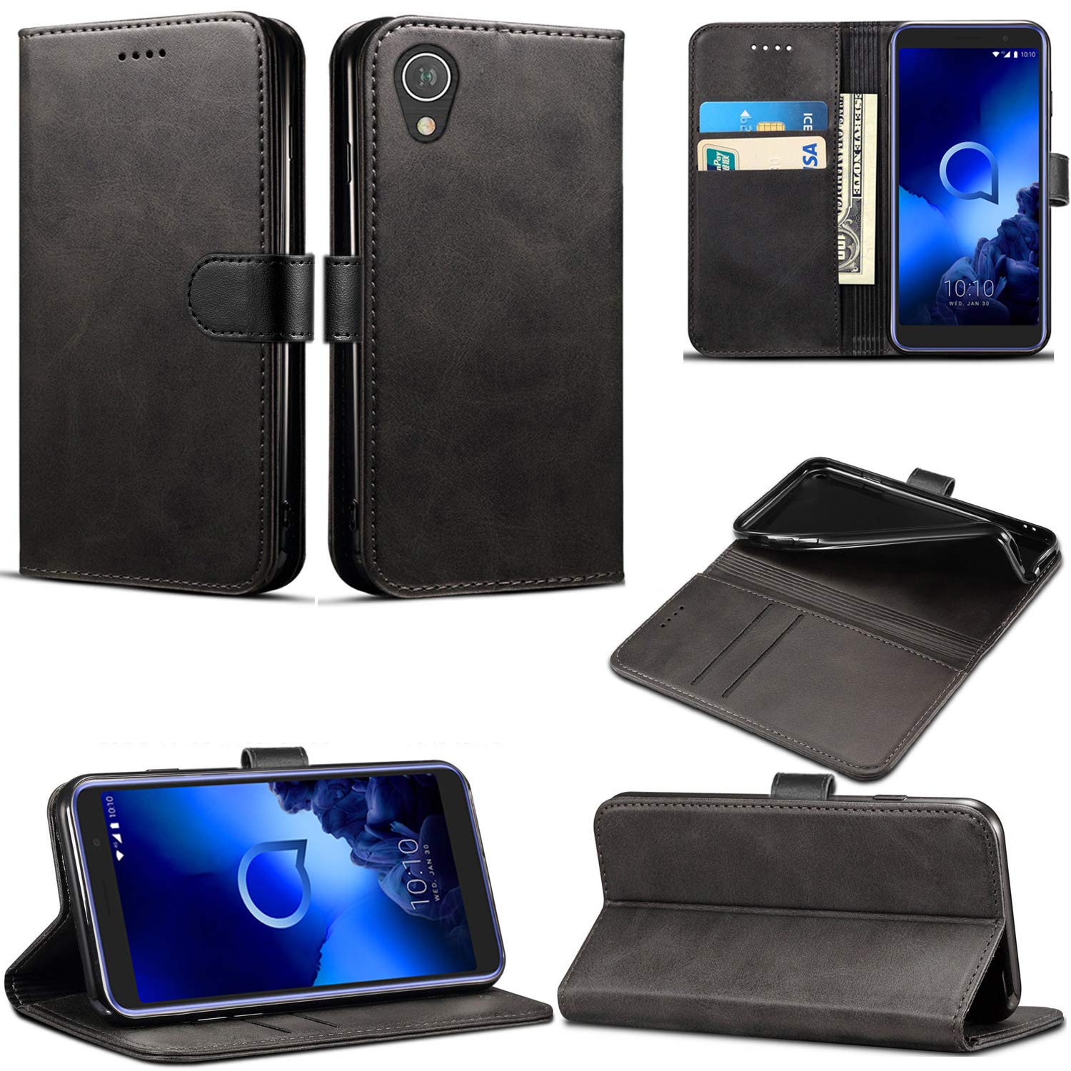 Mobile Stuff Alcatel 1 (5033X) Case, Leather Case Flip Folio Book Case Wallet Cover with Magnetic Closure & Kick Stand For Alcatel 1 (Black)
