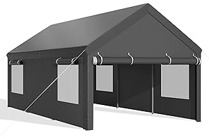 JAMFLY Carport, 10x18.5 ft Heavy Duty Car Canopy with Roll-up Windows, Portable Garage with Removable Sidewalls & Doors, Car Canopy with All-Season Tarp for Car, Truck, Boat