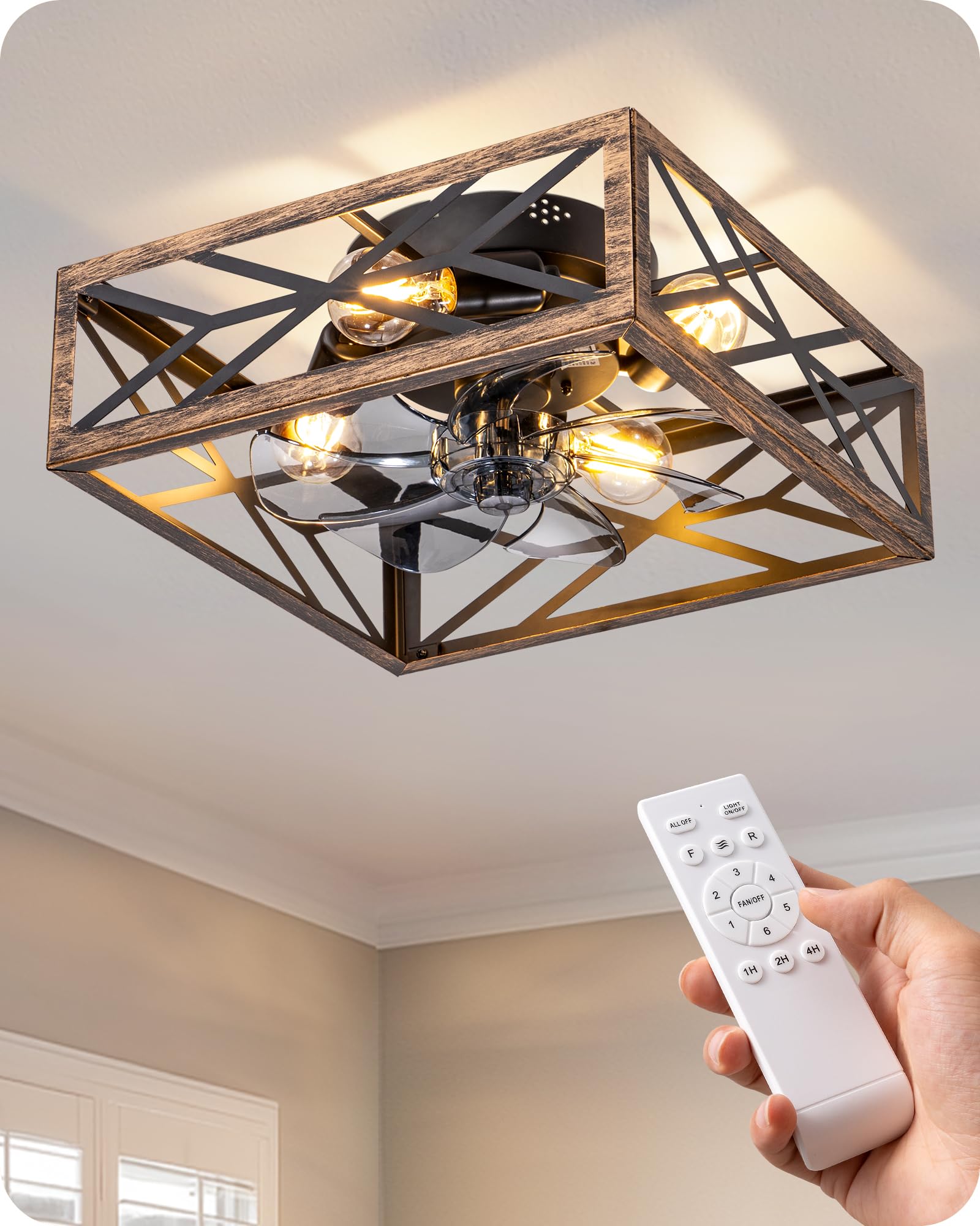 Photo 1 of EDISHINE Caged Flush Mount Ceiling Fans with Lights and Remote, Rustic Square Low Profile Ceiling Fan, 6 Speed and Reversible, Small Farmhouse Bladeless Fan Lights for Bedroom, Kitchen, Dining Room