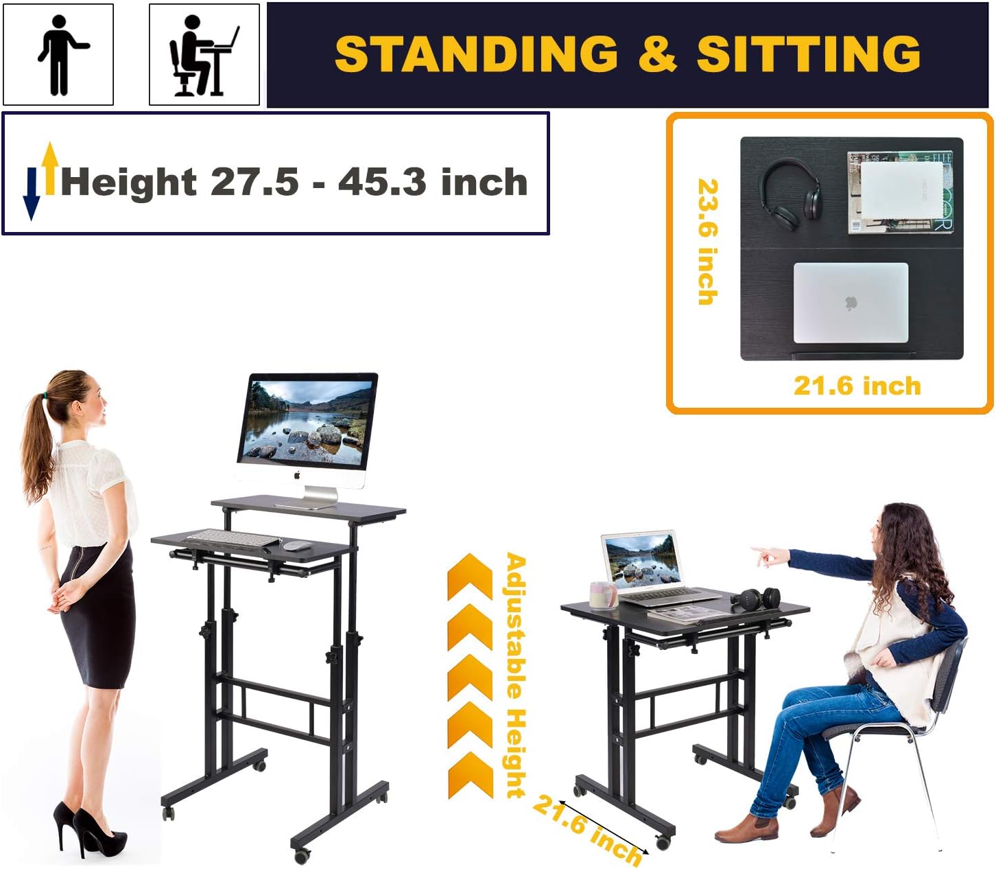 AIZ Mobile Standing Desk, Adjustable Computer Desk Rolling Laptop Cart on Wheels Home Office Computer Workstation, Portable Laptop Stand for Small Spaces Tall Table for Standing or Sitting, Black: Kitchen & Dining