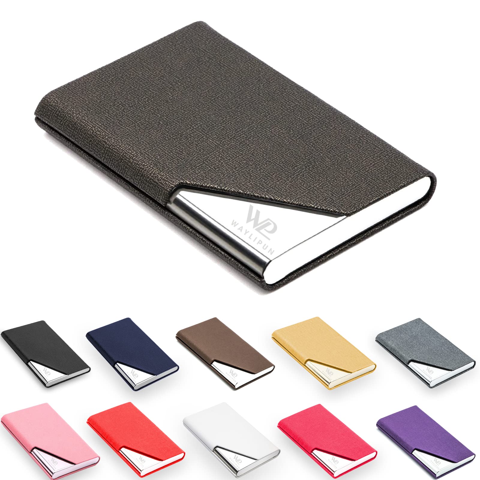 Waylipun Business Card Holder, Professional PU Leather & Stainless Steel Business Name Card Case, Keep Business Cards in Immaculate Condition, Slim Metal Pocket Card Holder with Magnetic Shut(Bronze)